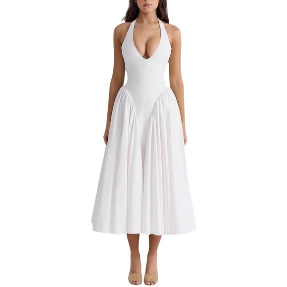 House of CB Dresses & Skirts - House of CB Marilyn Ivory Open Back Halter Dress Midi Pleated Skirt - Size S